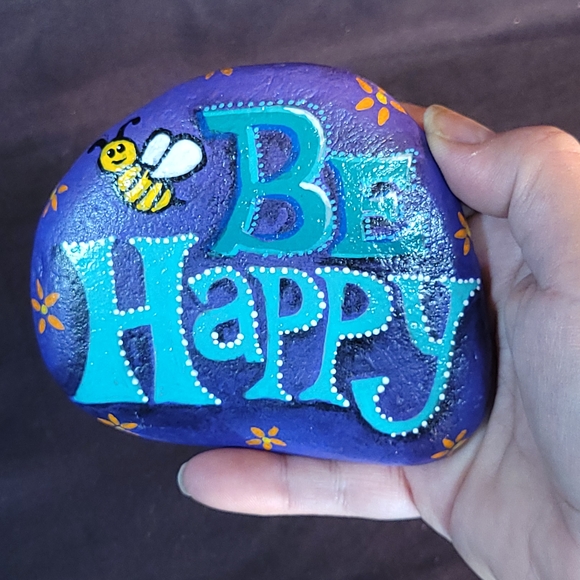 Bee Happy Purple & Teal Painted Rock - Picture 2 of 7